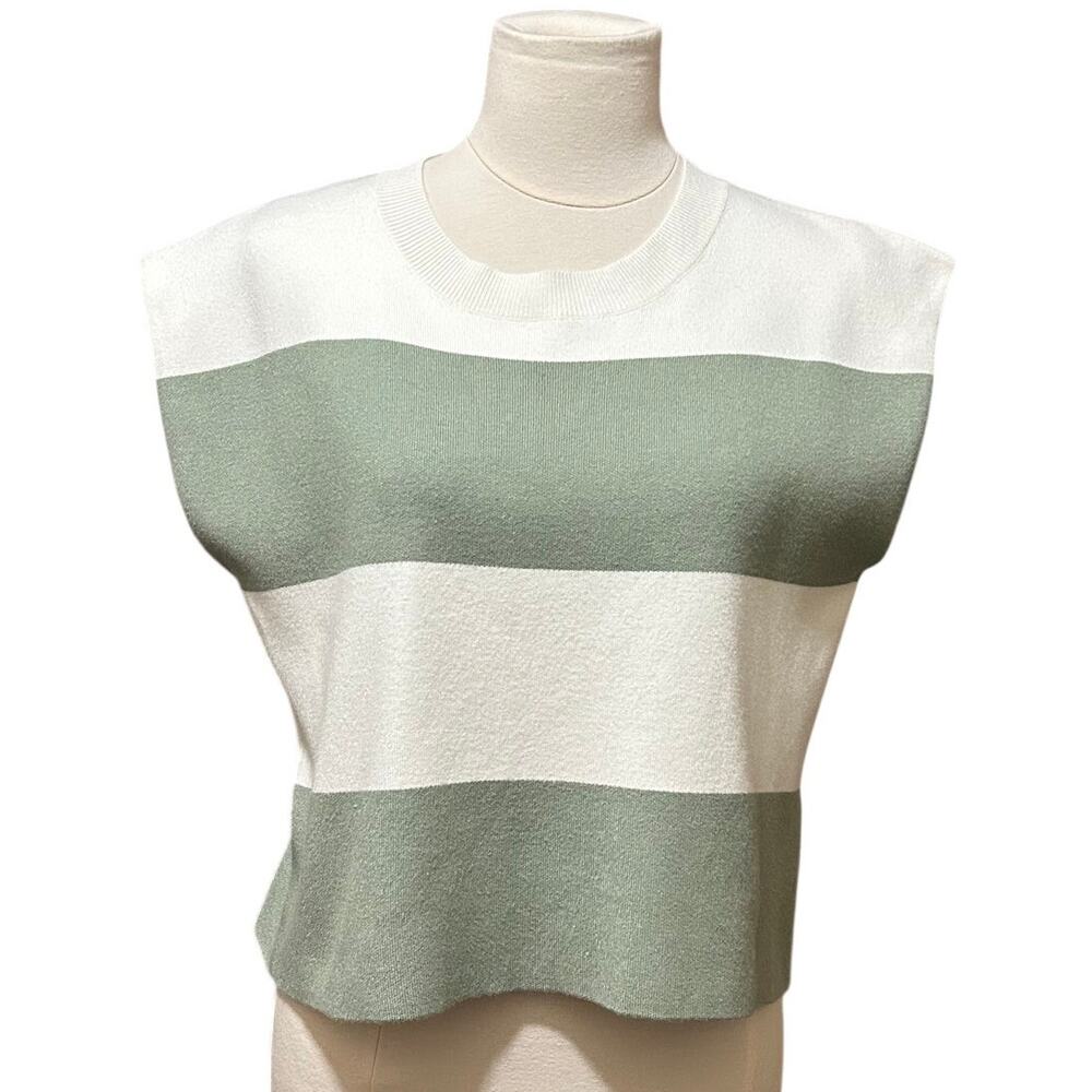 Maeve Anthropologie Sweater Vest Women's Size Med Green Ivory Striped Knit Top